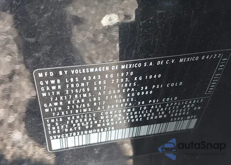 2022 Volkswagen Taos 1.5T S из США, поврежденный, VIN 3VVCX7B22NM066376